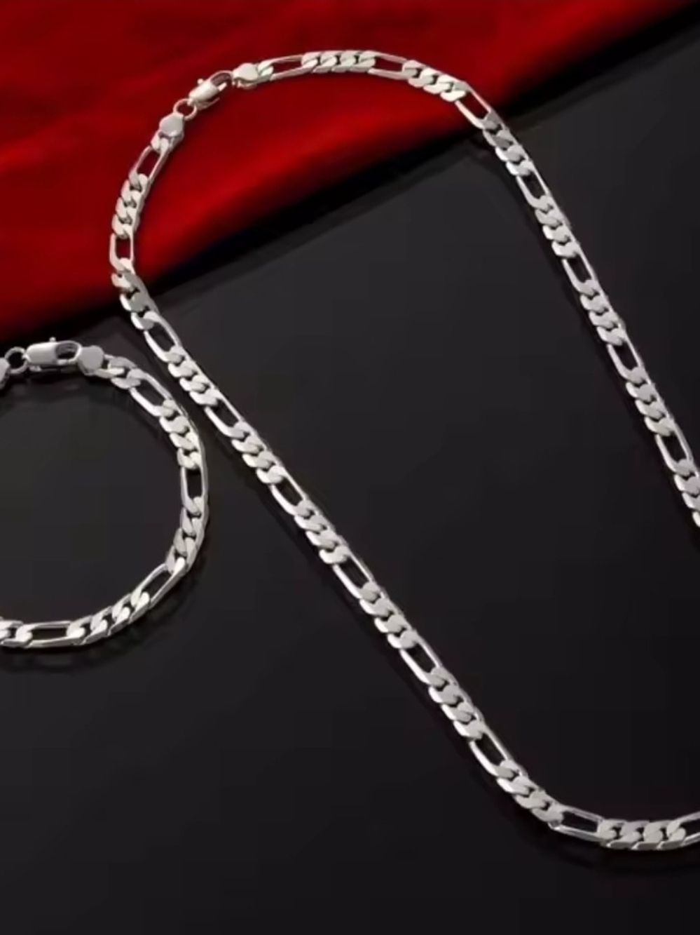 Sterling Silver Figaro Chain Necklace and Bracelet Set - Silver